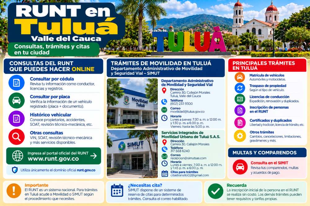 Infografía sobre consultas del RUNT, trámites de movilidad y SIMUT en Tuluá, Valle del Cauca
