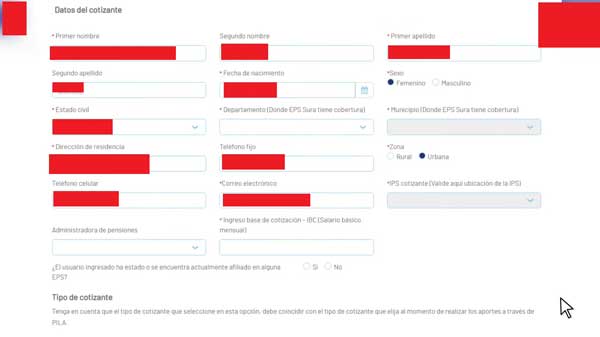 FORMULARIO DATOS DEL COTIZANTE AFILIACION EPS SURA