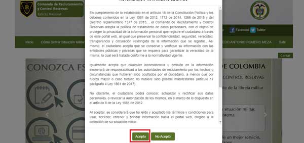 AUTORIZACION DE TRATAMIENTO DE DATOS DIRECCION DE RECLUTAMIENTO LIBRETA MILITAR