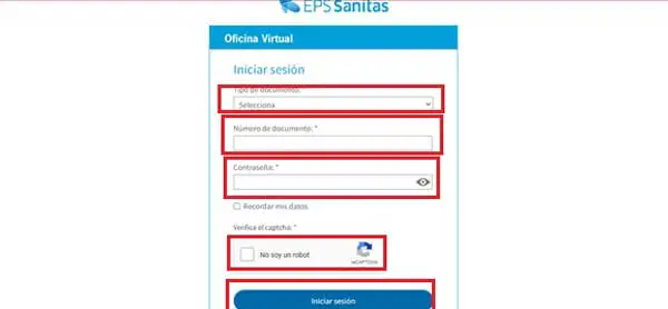 INICIAR SESION OFICINA VIRTUAL EPS SANITAS