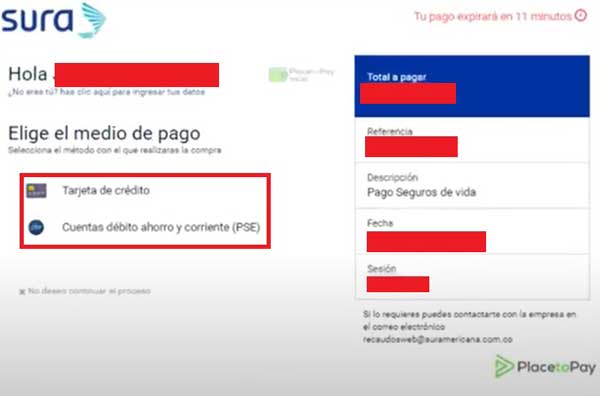 SELECCIONAR MEDIO DE PAGO EN LINEA SURA PAGO EXPRESS
