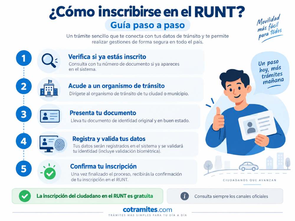 Infografía sobre cómo inscribirse en el RUNT paso a paso en Colombia