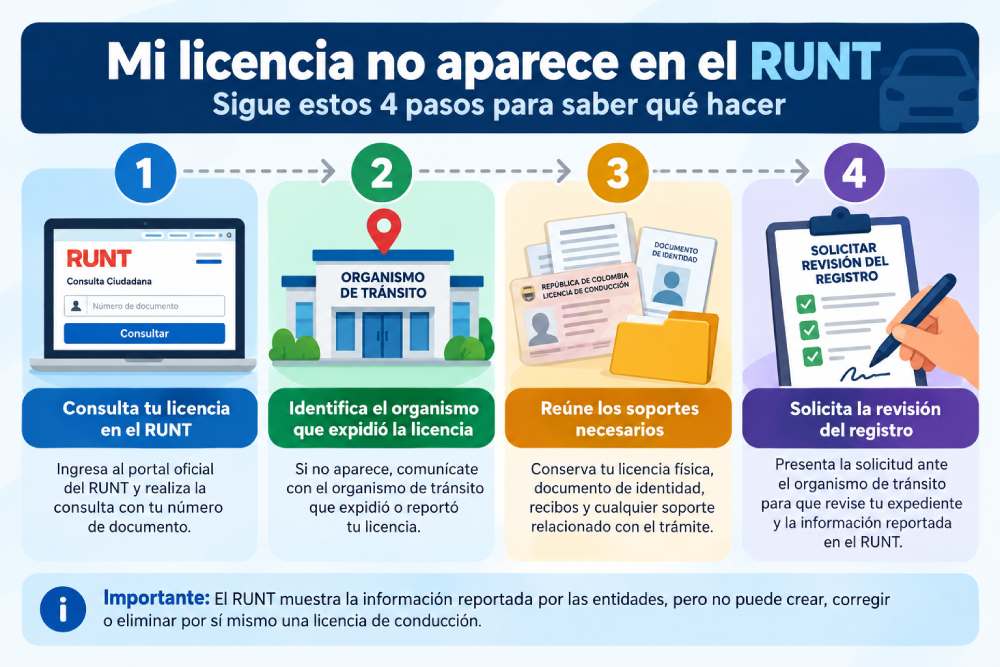 Infografía sobre qué hacer si una licencia de conducción no aparece en el RUNT