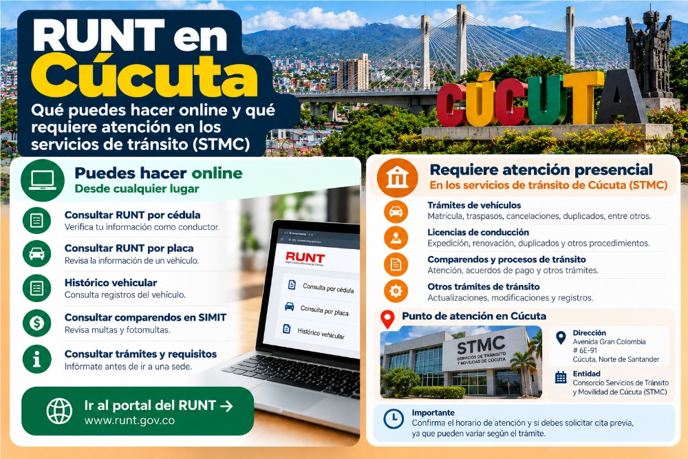 Infografía sobre trámites del RUNT en Cúcuta, Norte de Santander, online y presenciales