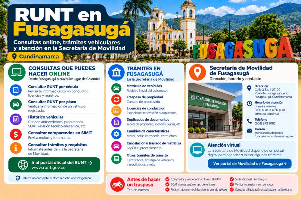 Infografía sobre consultas del RUNT y trámites en la Secretaría de Movilidad de Fusagasugá