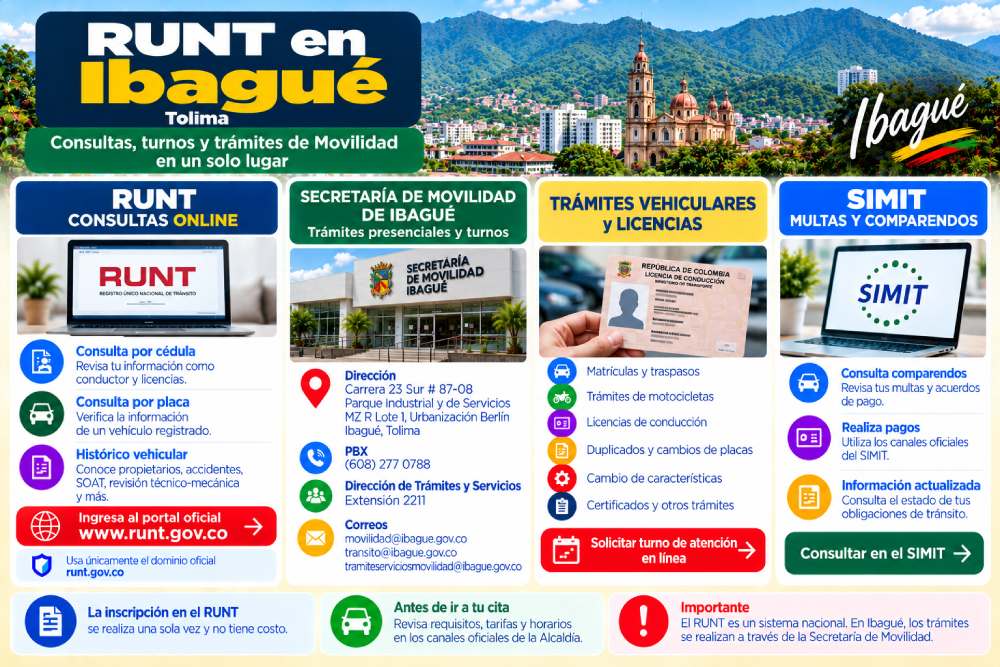 Infografía sobre consultas del RUNT, Secretaría de Movilidad de Ibagué, trámites vehiculares y SIMIT