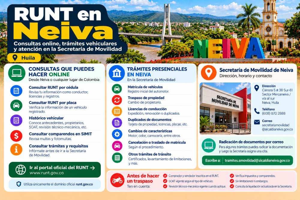 Infografía sobre consultas del RUNT y trámites en la Secretaría de Movilidad de Neiva