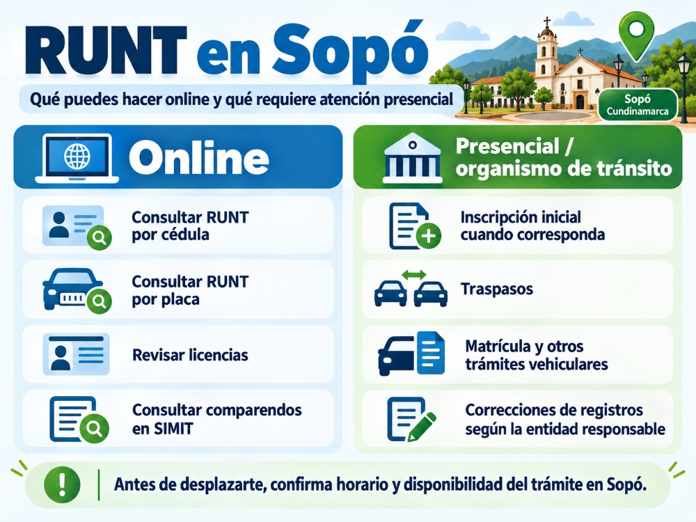 Infografía sobre trámites del RUNT en Sopó, Cundinamarca, online y presenciales