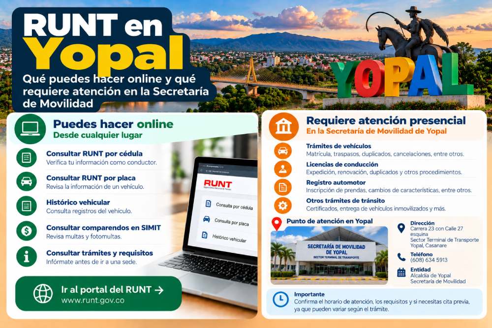 Infografía sobre trámites del RUNT en Yopal, Casanare, online y presenciales