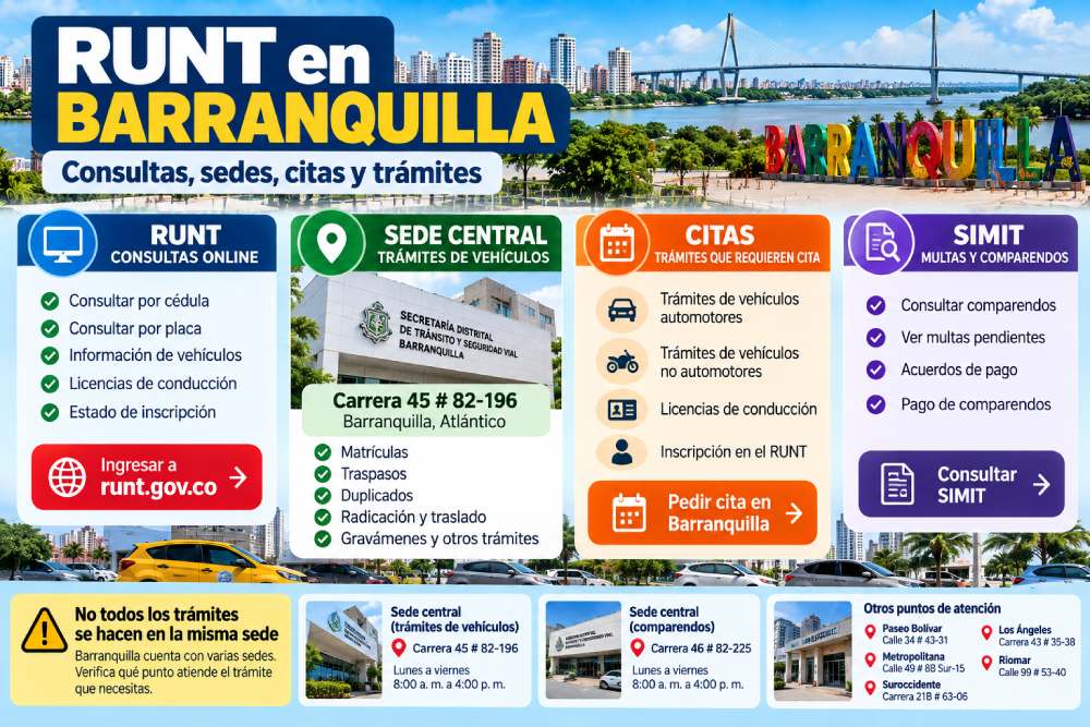 Infografía sobre consultas del RUNT, sedes de Tránsito en Barranquilla, citas y SIMIT