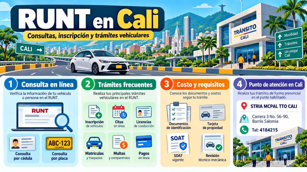 Infografía sobre consultas del RUNT, Secretaría de Movilidad de Cali, Servicios de Tránsito y SIMIT