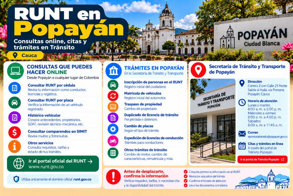 Infografía sobre consultas del RUNT, citas y trámites en la Secretaría de Tránsito de Popayán