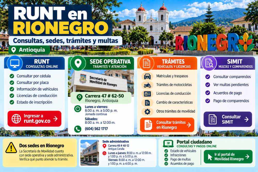 Infografía sobre consultas del RUNT, Secretaría de Movilidad de Rionegro, trámites vehiculares y SIMIT