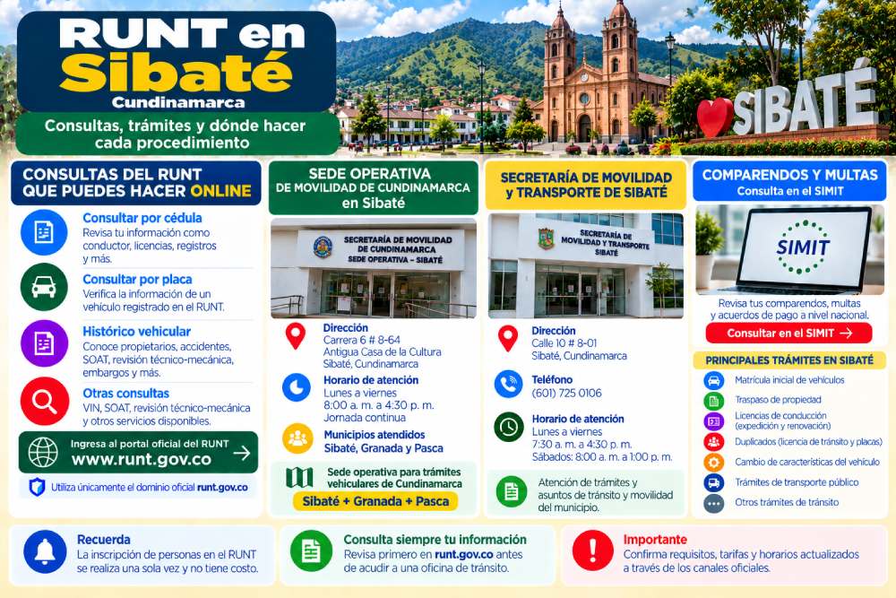 Infografía sobre consultas del RUNT, sede operativa de movilidad y trámites de tránsito en Sibaté, Cundinamarca