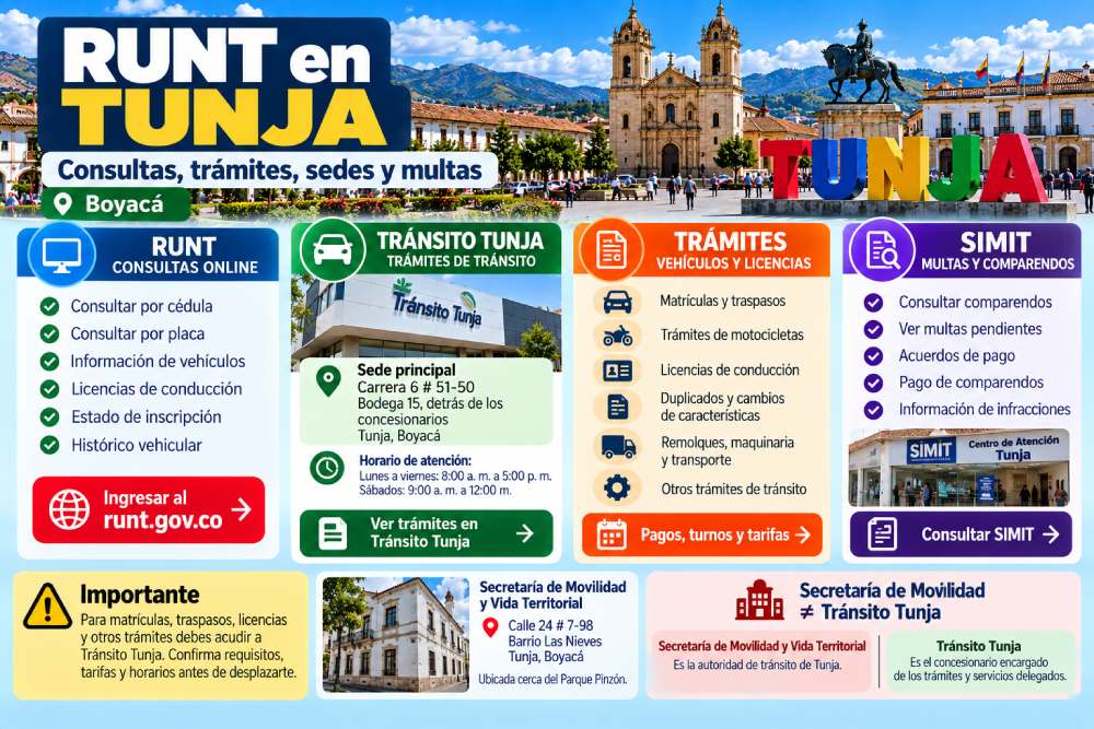 Infografía sobre consultas del RUNT, Tránsito Tunja, trámites vehiculares y multas en SIMIT